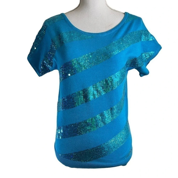Deb Y2K 2000s Sequin Knit Top Size XL Short Sleeves Pullover Blouse Embellished - Picture 1 of 10